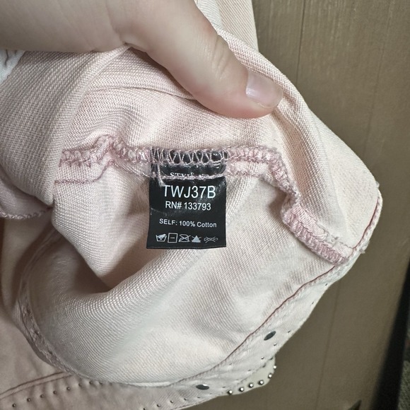 POL Studded Denim Jacket with Silver Rhinestone Trim Detail Light Pink Size S - Picture 6 of 8